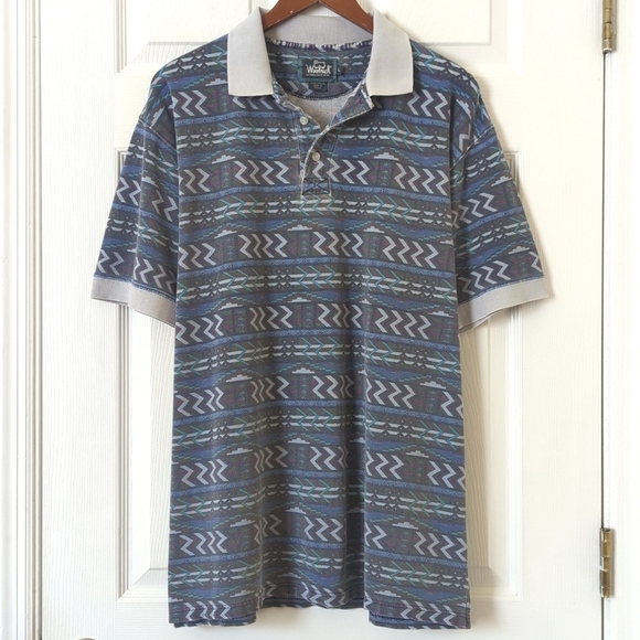 Woolrich 80's Vintage Funky Aztec Printed Short Sleeve Henley Polo Shirt Blue L - Picture 1 of 9